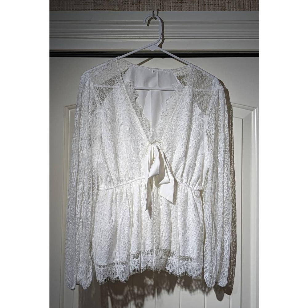 Unbranded White Lace Long Sleeve Tie Front Elastic Waist Blouse Womens Sz XL